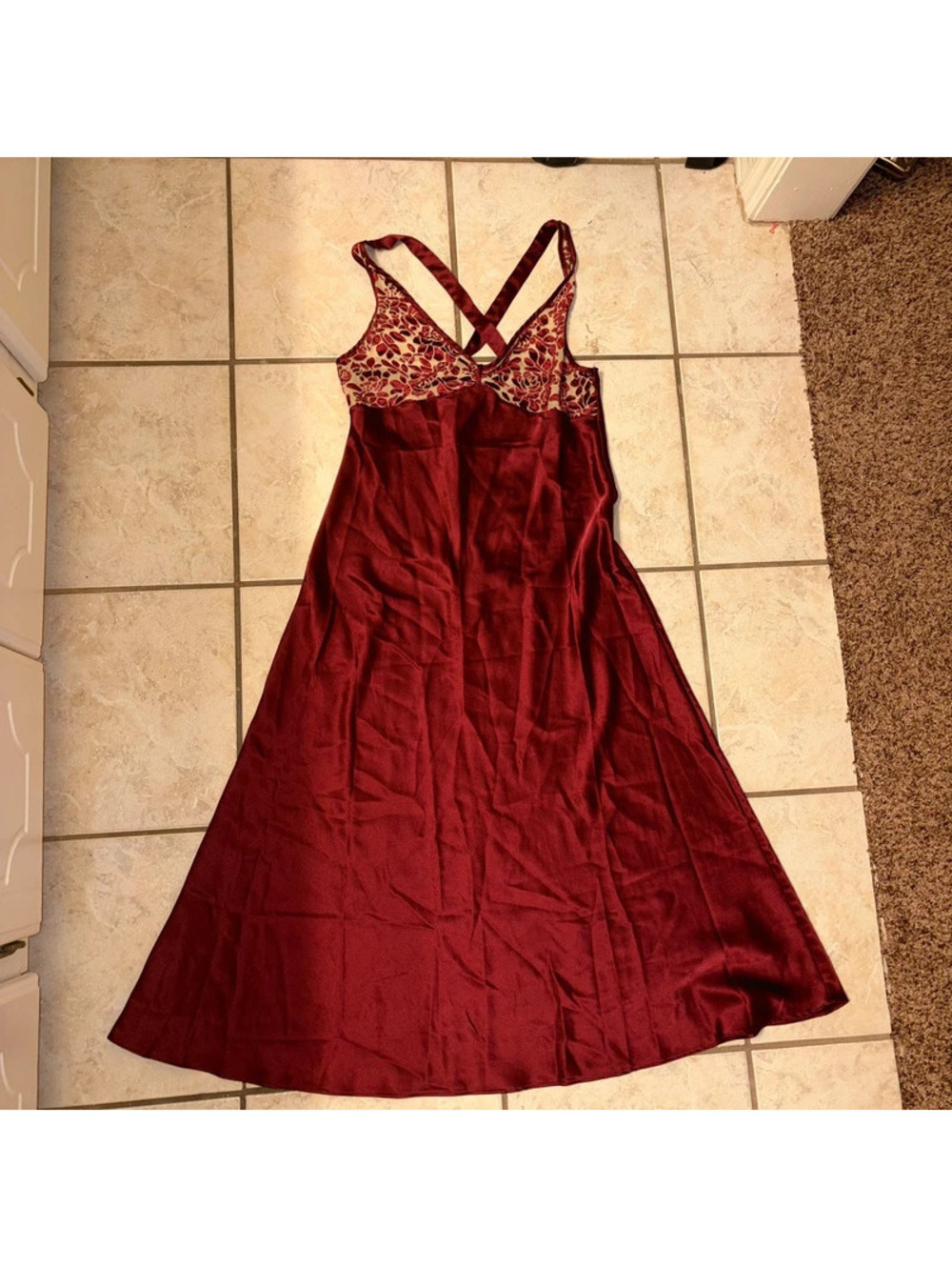 Maroon Long Vintage Dress with Babydoll floral and creamCross Back Top